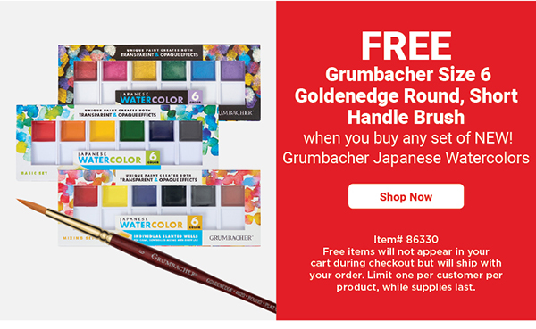 Buy any new set of NEW! Grumbacher Japanese Watercolors (86330-) get a free Grumbacher size 6 Goldenedge Round, short handle brush (06777-1006) while supplies last. Limit one per customer.