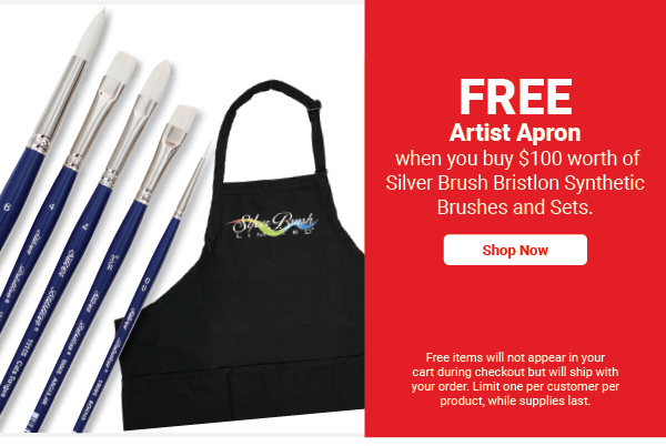 FREE! Artist Apron when you buy $100 worth of Silver Brush Bristlon Synthetic Brushes and Sets.