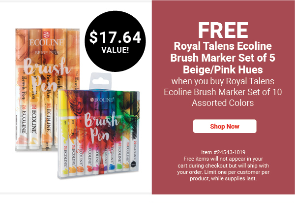 Free Royal Talens Ecoline Brush Marker Set of 5 Beige/Pink Hues (24543-8159) when you buy Royal Talens Ecoline Brush Marker Set of 10 Assorted Colors (24543-1019).