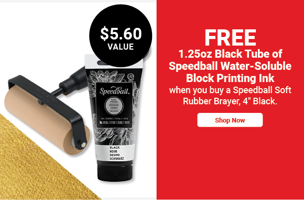 Free 1.25oz Black tube of Speedball Water-Soluble Block Printing Ink when you buy a Speeball Soft Rubber Brayer - 4" Black.