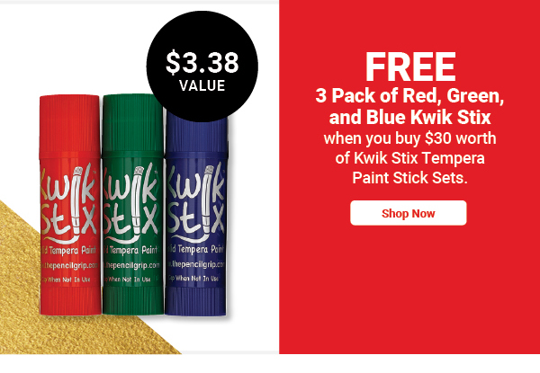 Free 3 pack of Red, Green, and Blue Kwik Stix when you buy $30 worth of Kwik Stix Tempera Paint Stick Sets.