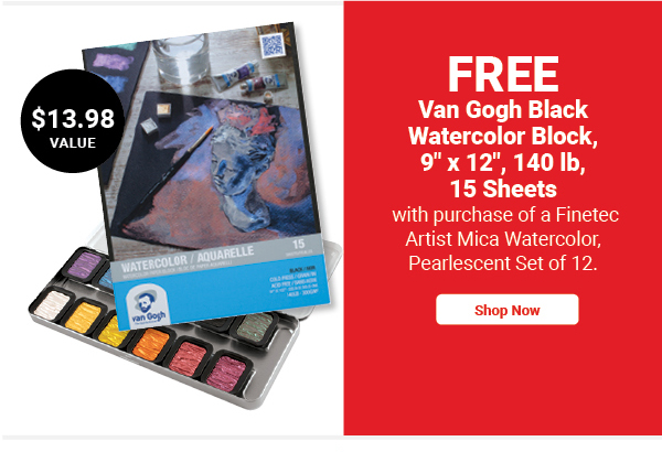 FREE! Van Gogh Black Watercolor Block - 9" x 12", 140 lb, 15 Sheets when you buy a Finetec Artist Mica Watercolor - Pearlescent Set of 12.