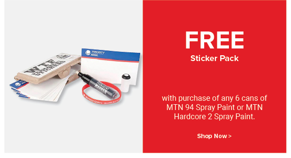 FREE! Sticker Pack with purchase of any 6 cans of MTN 94 Spray Paint or MTN Hardcore 2 Spray Paint.