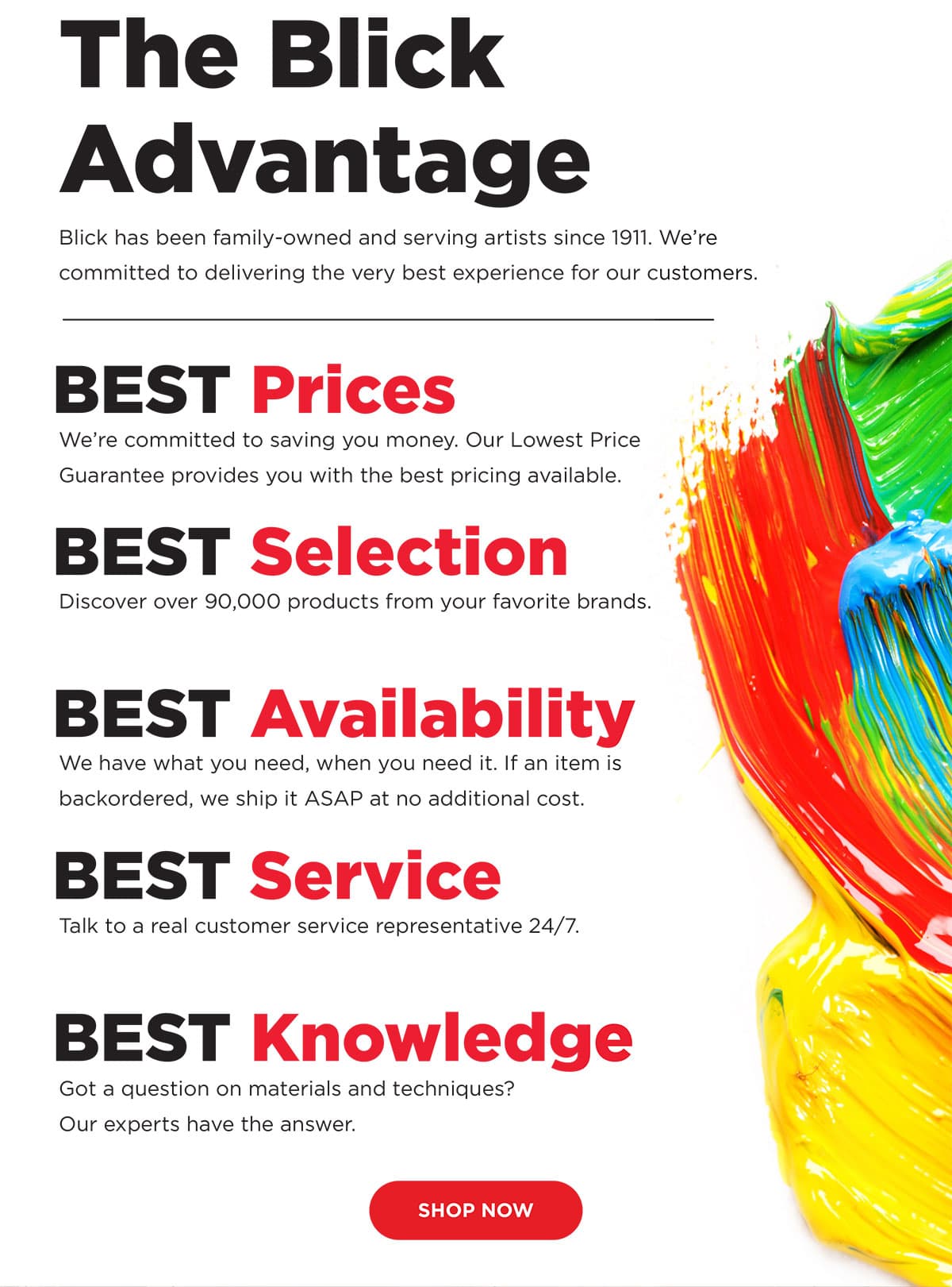 The Blick Advantage
 | Blick has been family-owned and serving artists since 1911. We're committed to delivering the very best experience for our customers. | BEST Prices | We're committed to saving you money. Our lowest Price Guarantee provides you with the best pricing available. | BEST Selection | Discover over 90,000 products from your favorite brands. | BEST Availability | We have what you need, when you need it. If an item is backordered, we ship it ASAP at no additional cost. | BEST Service | Talk to a real customer service representative 24/7. | BEST Knowledge | Got a question on materials and techniques? Our experts have the answer.