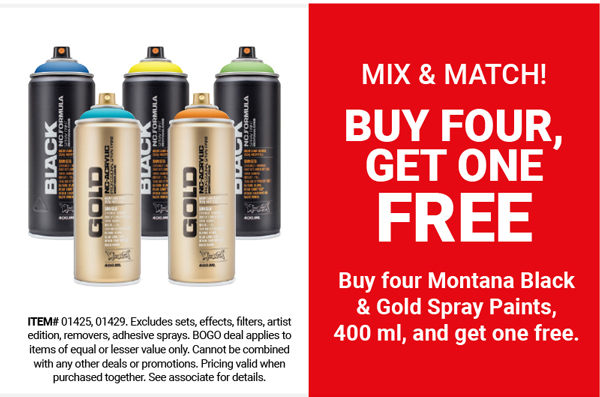 Buy four Montana Black & Gold Spray Paints, 400 ml and get one free.