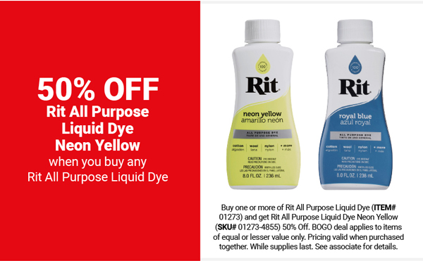 Rit All Purpose Liquid Dye Neon Yellow 50% Off when you buy any Rit All Purpose Liquid Dye