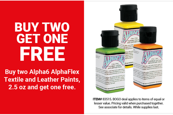 Buy two Alpha6 AlphaFlex Textile and Leather Paints, 2.5oz and get one free.