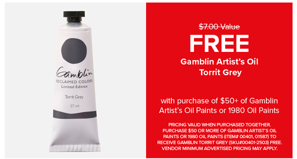 Gamblin Artists' Oil Torrit Grey FREE with purchase of $50 of Gamblin Artists' Oil Paints or 1980 Oil Paints
