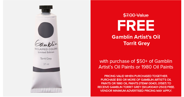 FREE Gamblin Artist's Oil Torrit Grey with purchase of $50 of Gamblin Artist's Oil Paints or 1980 Oil Paints