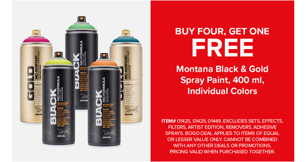 Buy 4, Get 1 Free: Montana Black & Gold Spray Paint, 400 ml, Individual Colors
